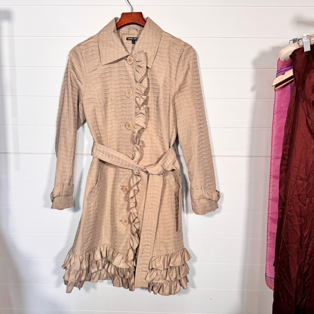 Samuel Dong Beige Ruffle Long Sleeve Trench Rain Coat Belted Pockets Medium